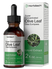 Horbäach envase frontal de extracto de hoja de olivo mostrando la marca y contenido