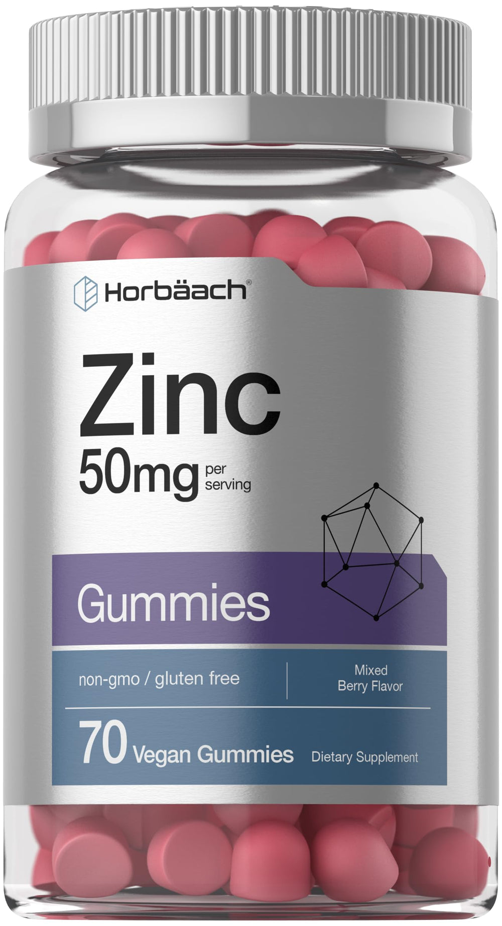 Horbäach envase frontal de gomitas zinc 50 mg, presenta información clara