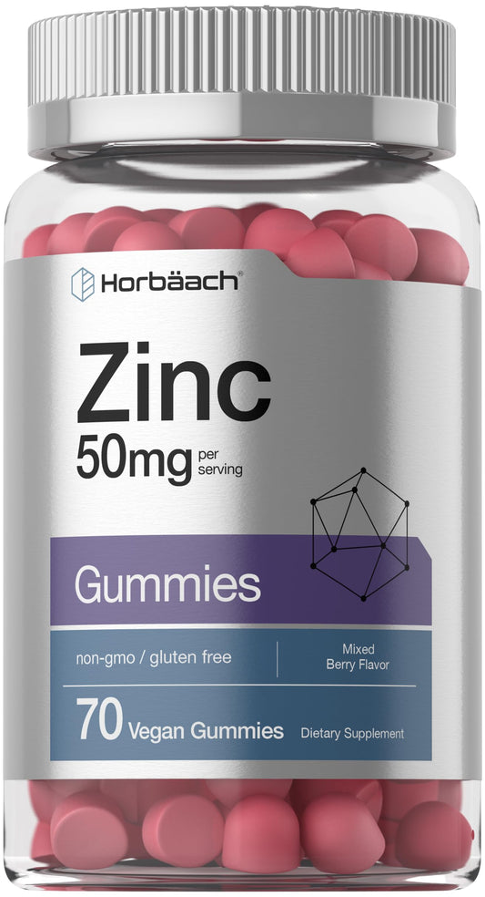 Horbäach envase frontal de gomitas zinc 50 mg, presenta información clara