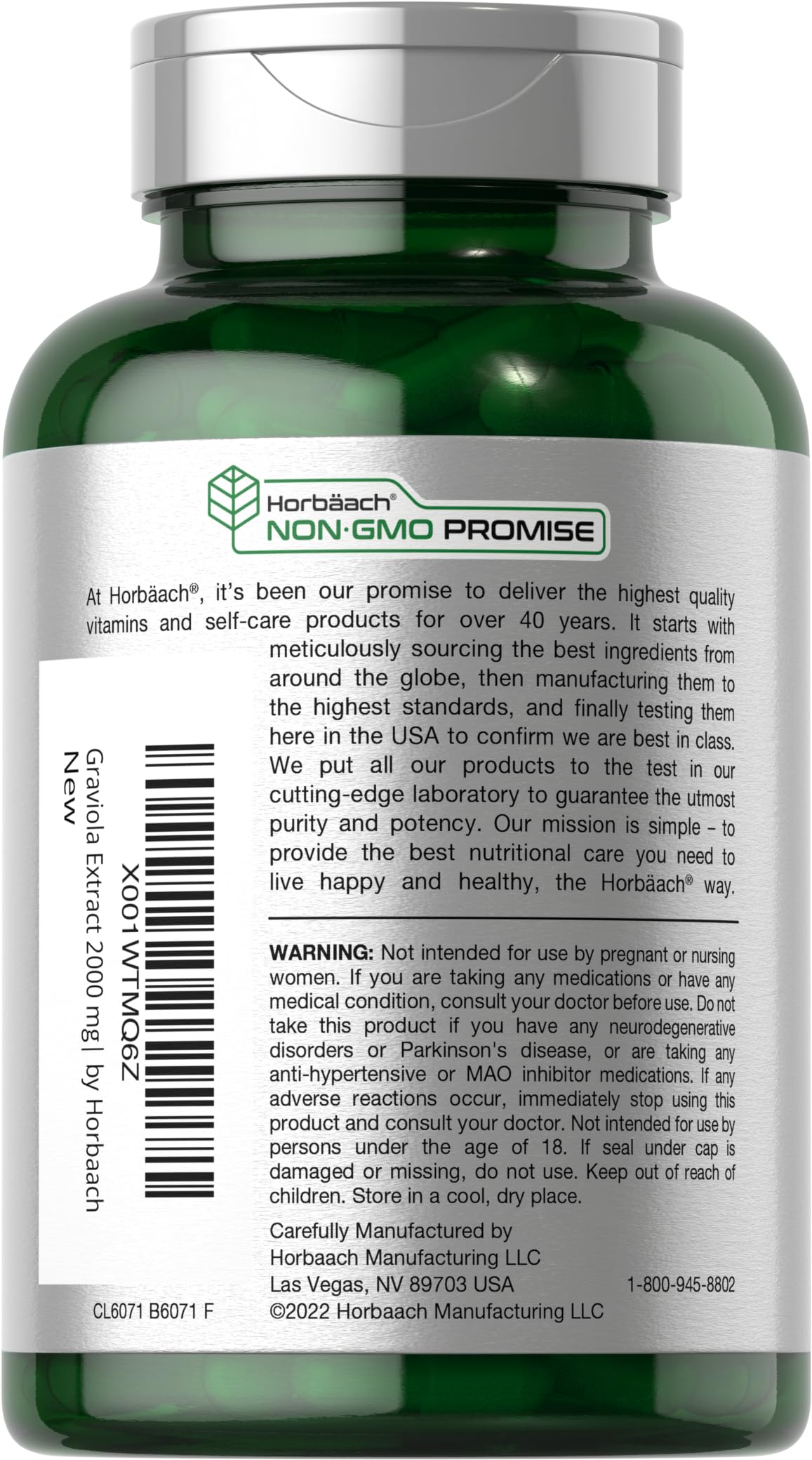 Cápsulas Horbäach Graviola en caja externa, fácil de almacenar en despensa.