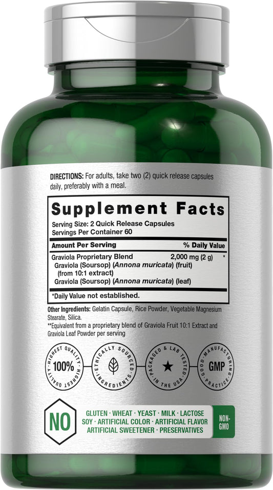 Etiqueta clara de Horbäach Graviola resalta pureza y potencia para una rutina saludable.