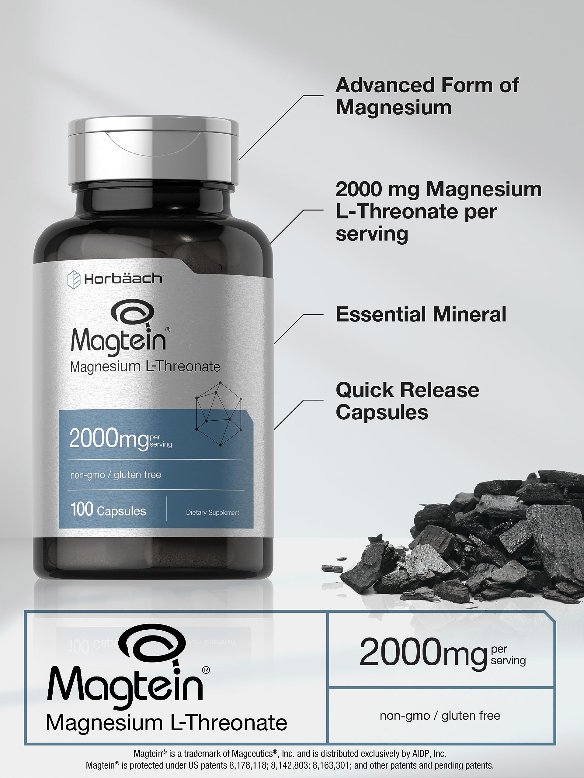 Horbäach detalle del ingrediente magnesio L-treonato, pureza visible