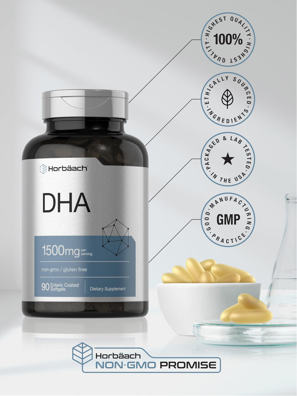 Horbäach aceite de pescado en gota resaltando origen y concentración de DHA