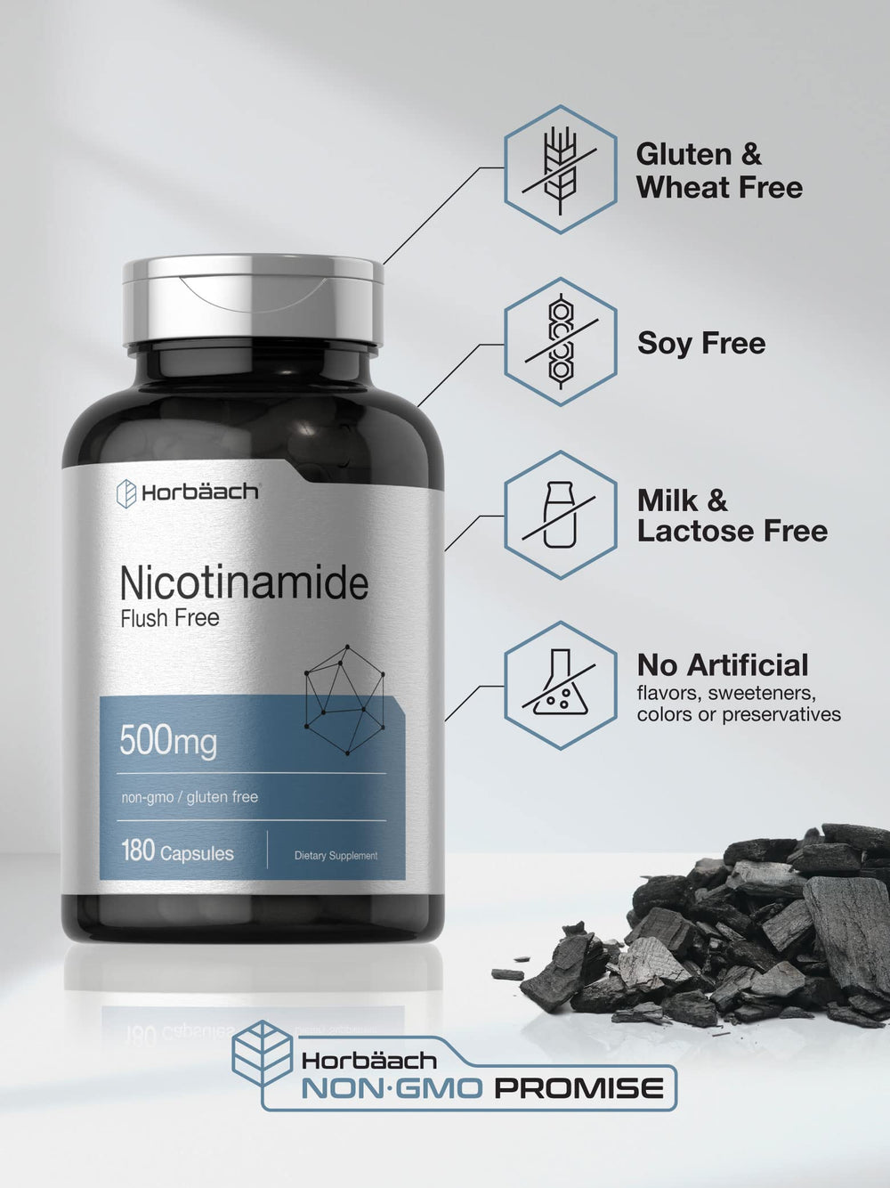 Horbäach etiqueta de ingredientes legible destacando nicotinamida y ausencia de alérgenos
