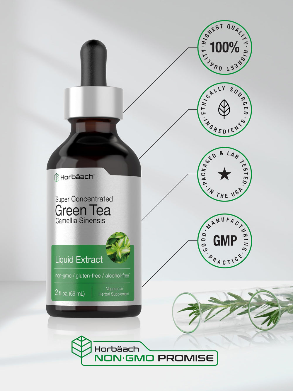 Horbäach hojas de té verde e ingredientes naturales en composición