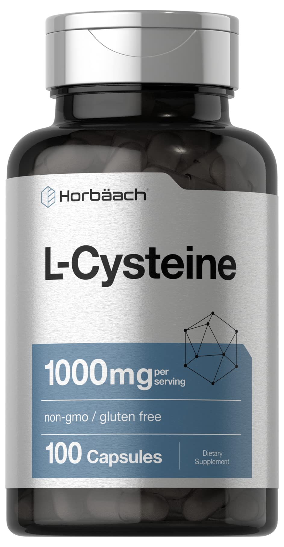 Horbäach envase frontal de L-Cysteine 1000 mg muestra diseño y cantidad