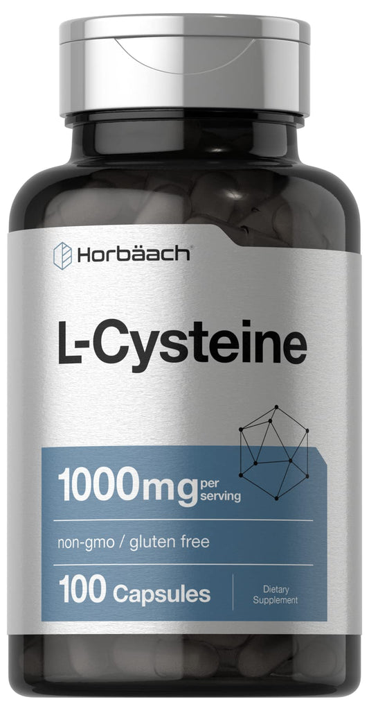 Horbäach envase frontal de L-Cysteine 1000 mg muestra diseño y cantidad