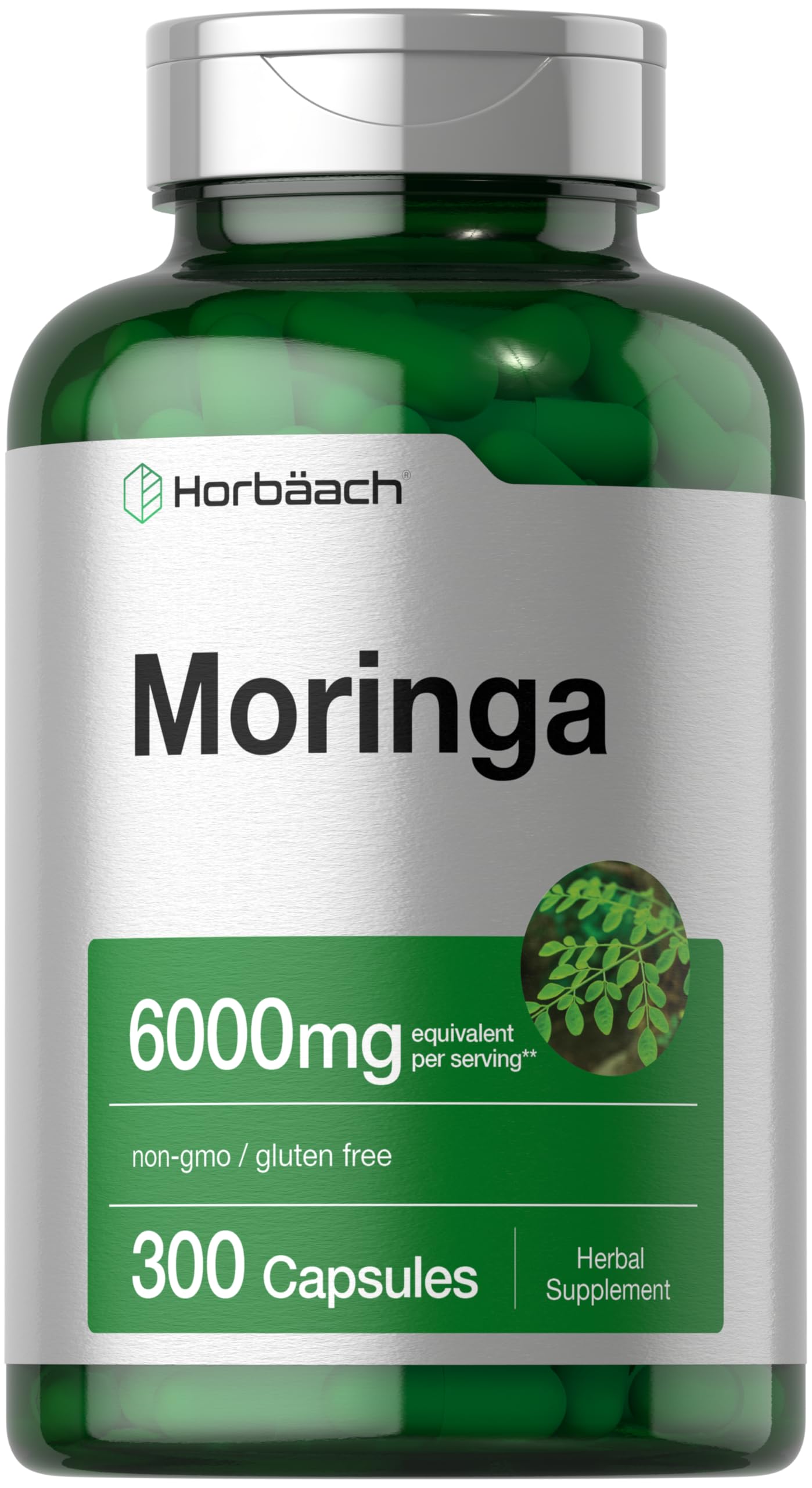 Horbäach frasco frontal mostrando 300 cápsulas y diseño de etiqueta claro
