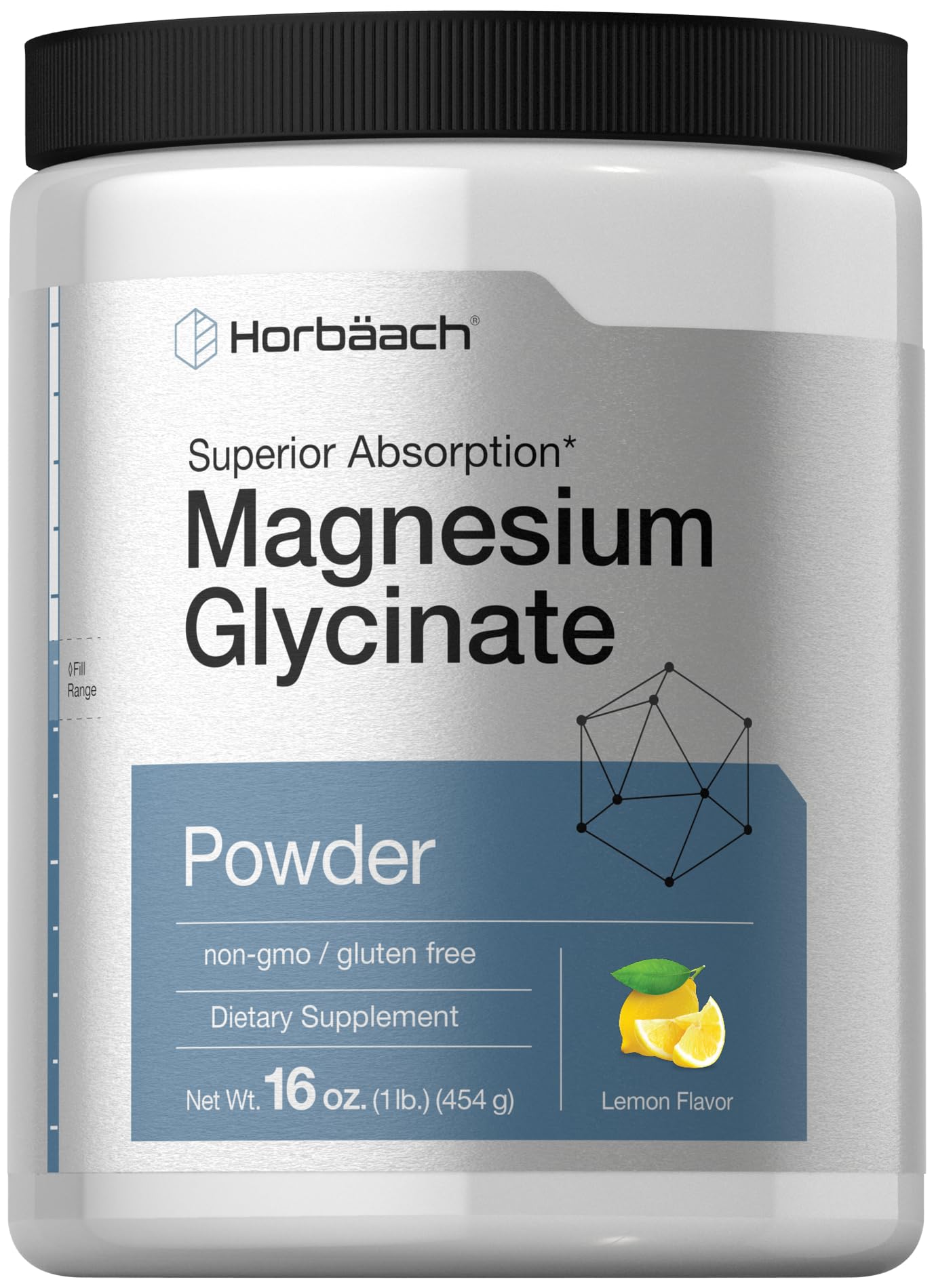 Horbäach envase frontal del magnesio glicinato, fácil identificación y uso