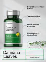 Horbäach detalle de hoja de damiana, origen natural y pureza