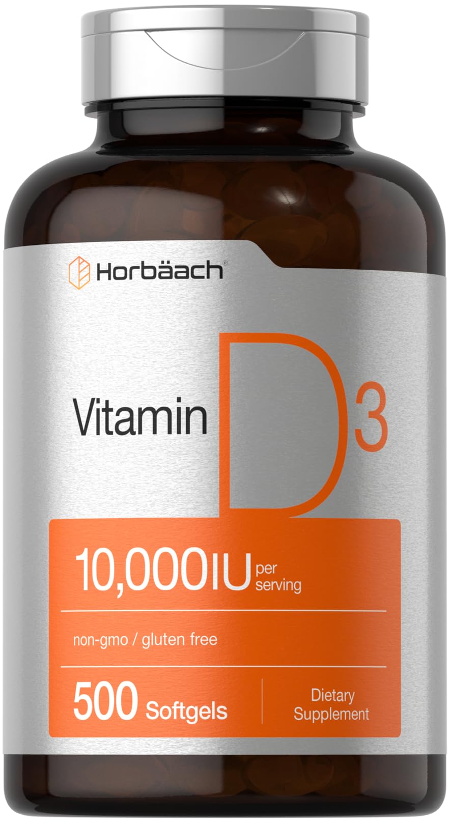 Horbäach frasco frontal mostrando 500 softgels y alta potencia