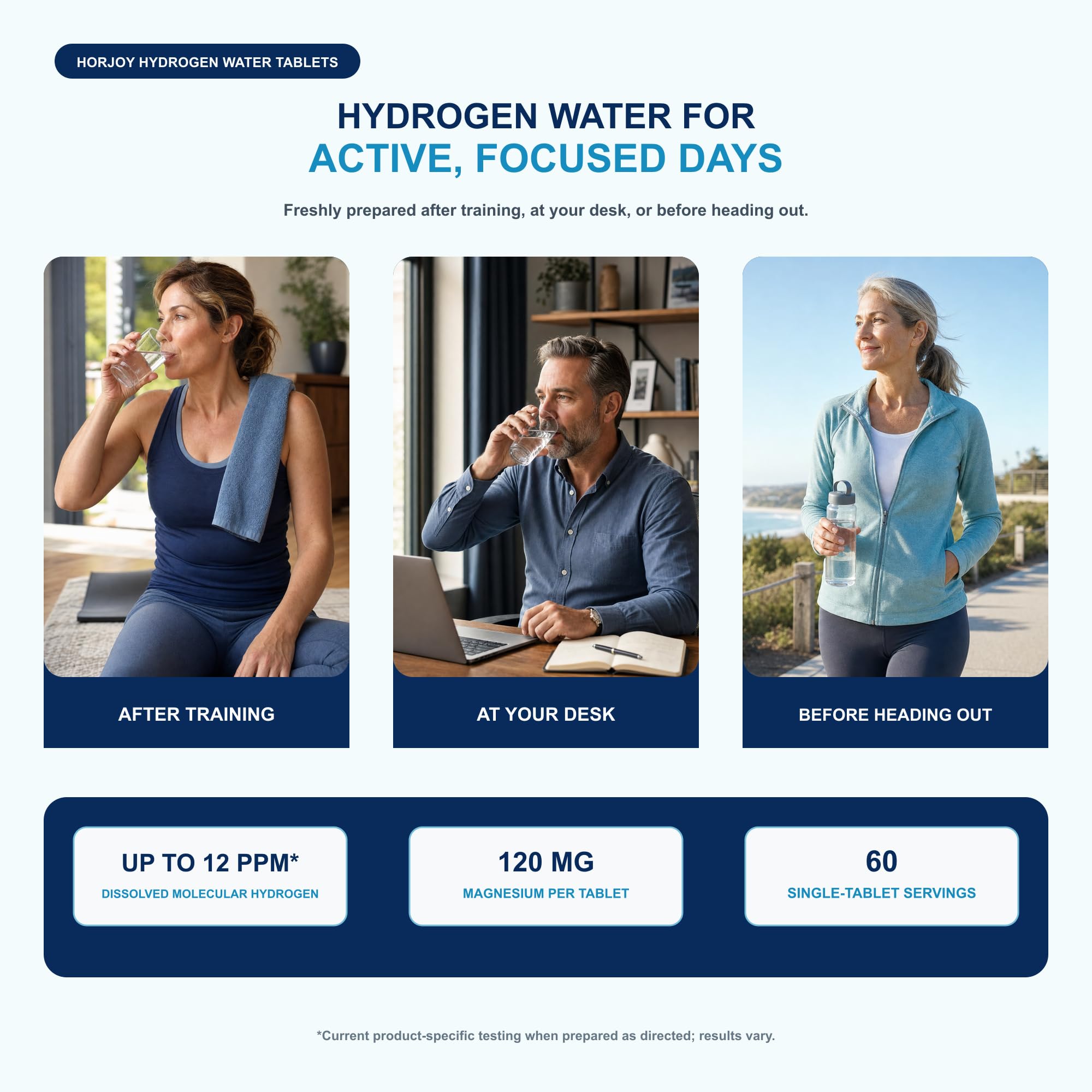 Horjoy tableta efervescente disolviéndose en vaso para preparar agua rica en hidrógeno