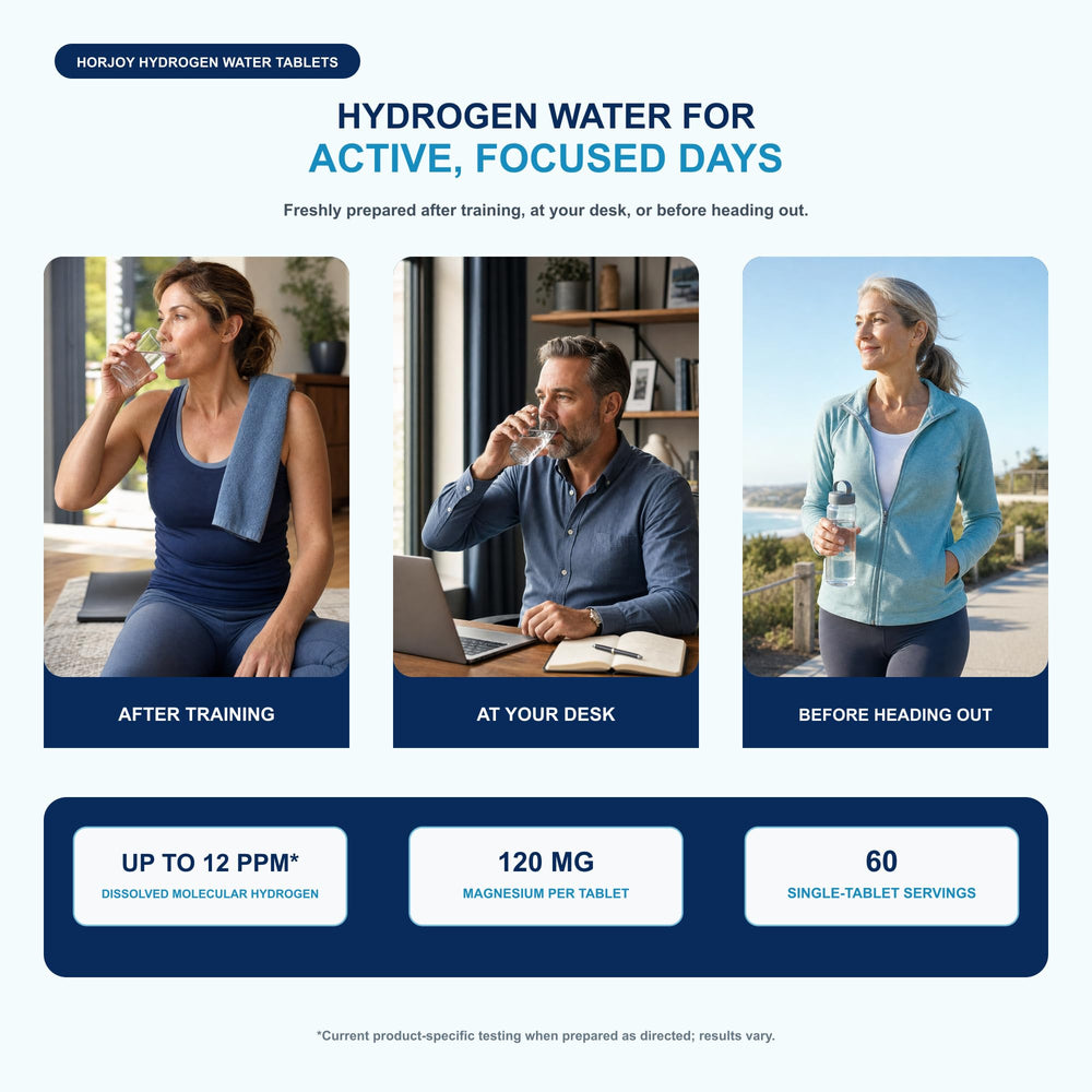 Horjoy tableta efervescente disolviéndose en vaso para preparar agua rica en hidrógeno