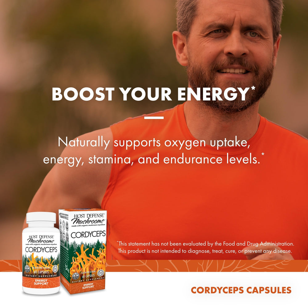 Host Defense cápsulas antes de entrenar para apoyo energético