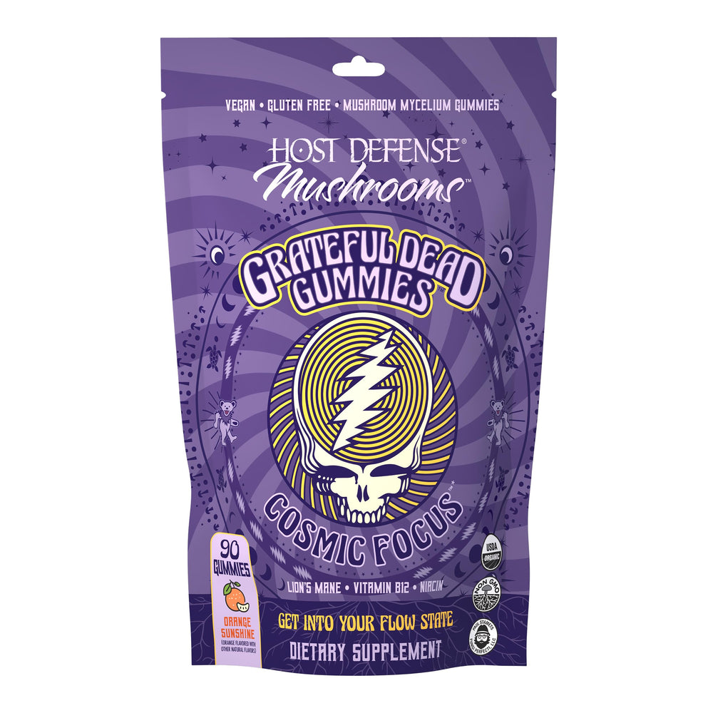 Host Defense envase frontal mostrando el diseño y el producto para identificación rápida