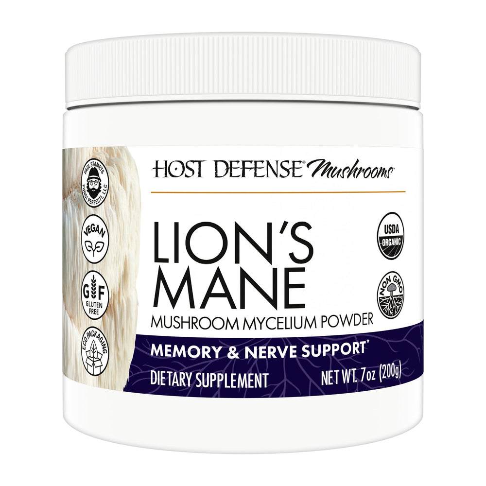 Host Defense frasco frontal mostrando etiqueta clara y formato de 7 oz, confianza de calidad