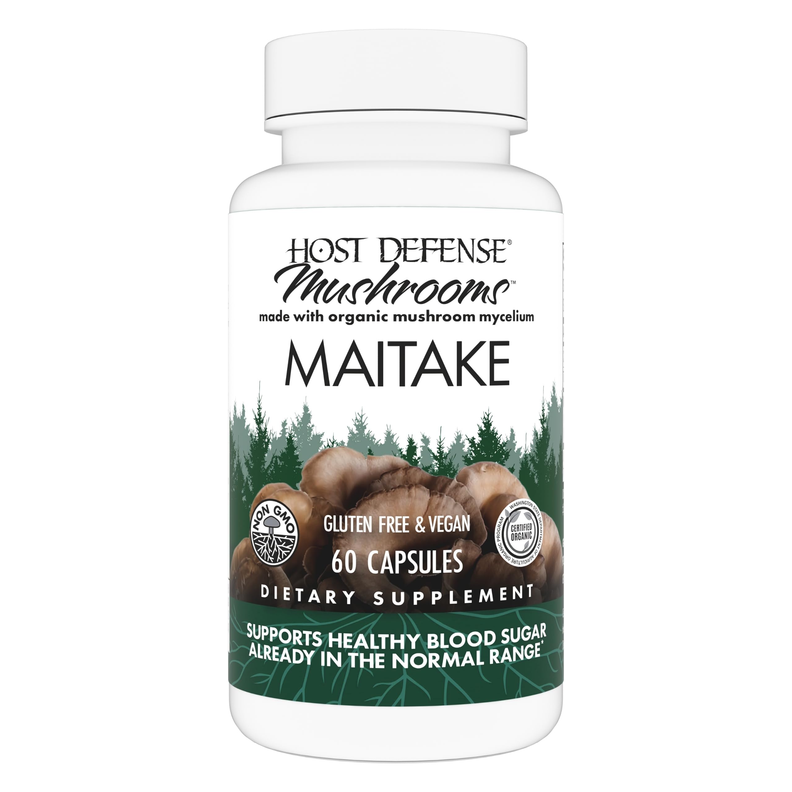 Host Defense frasco del producto Maitake mostrando diseño y cantidad visible