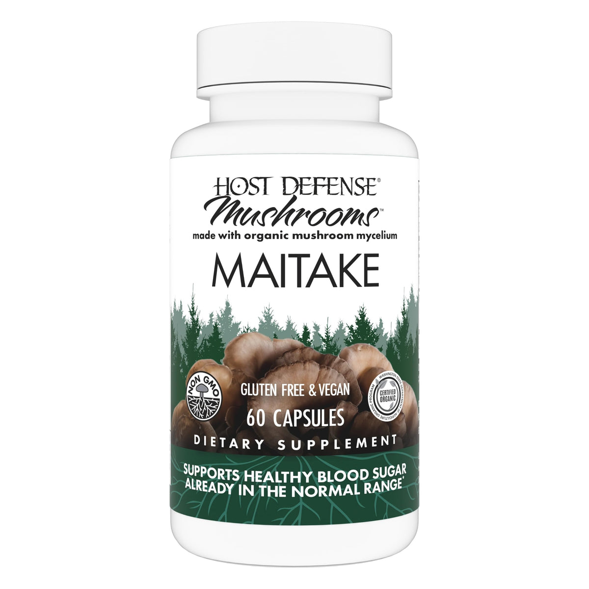Host Defense frasco del producto Maitake mostrando diseño y cantidad visible