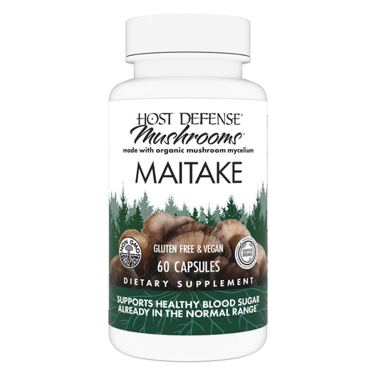 Host Defense frasco del producto Maitake mostrando diseño y cantidad visible