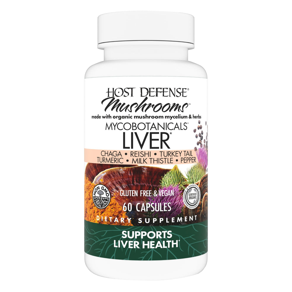 Host Defense envase frontal de MycoBotanicals Liver mostrando etiqueta clara y beneficios