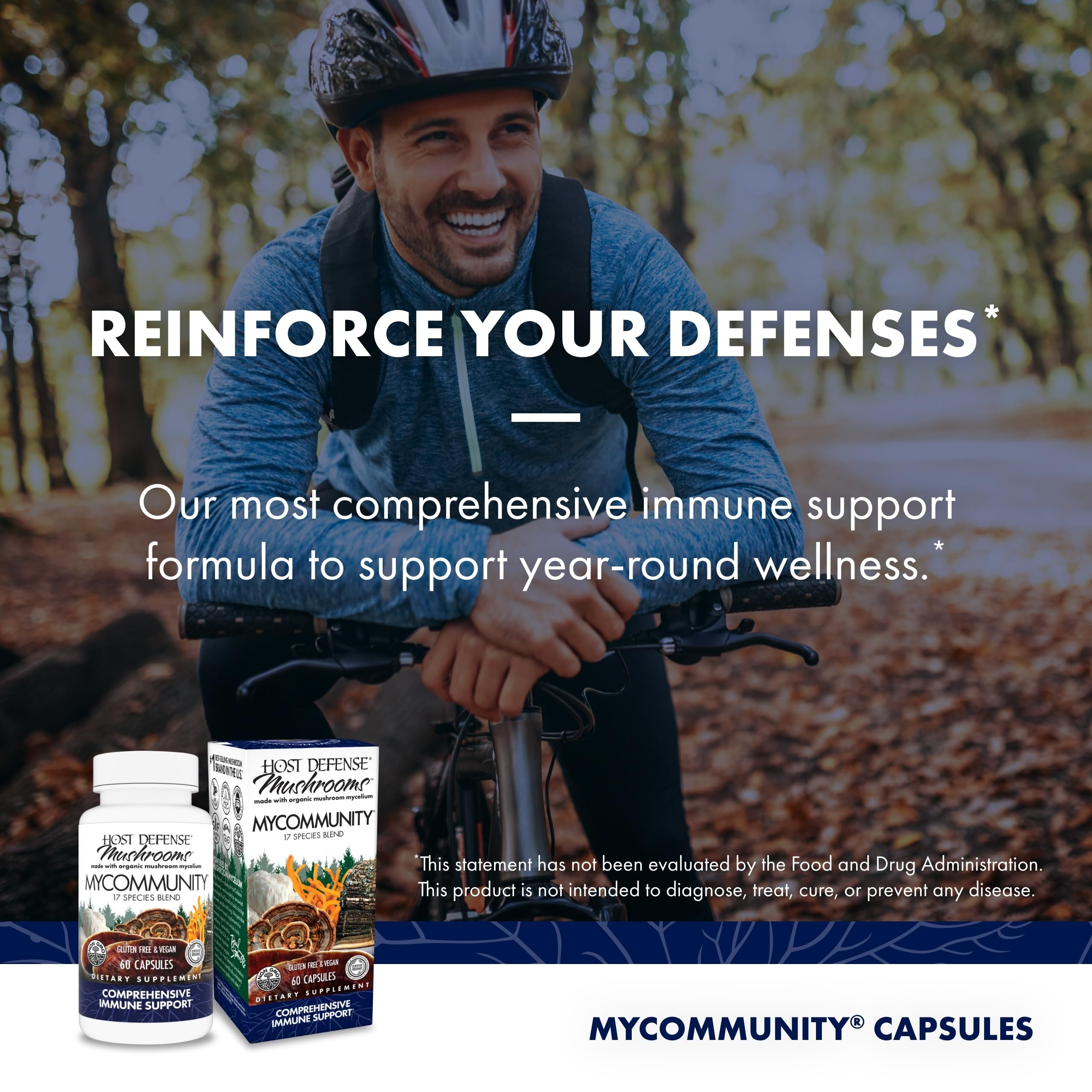Etiqueta nutricional de Host Defense MyCommunity con ingredientes y certificaciones claras