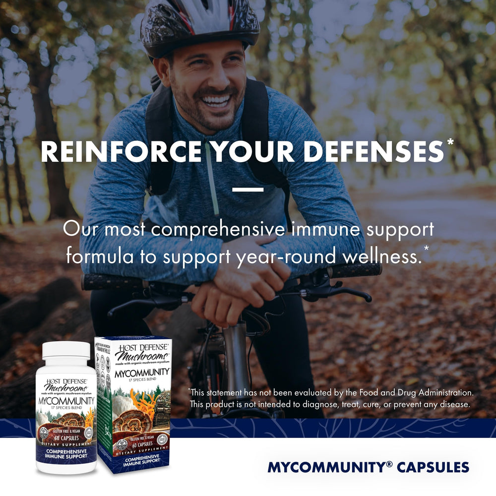 Etiqueta nutricional de Host Defense MyCommunity con ingredientes y certificaciones claras