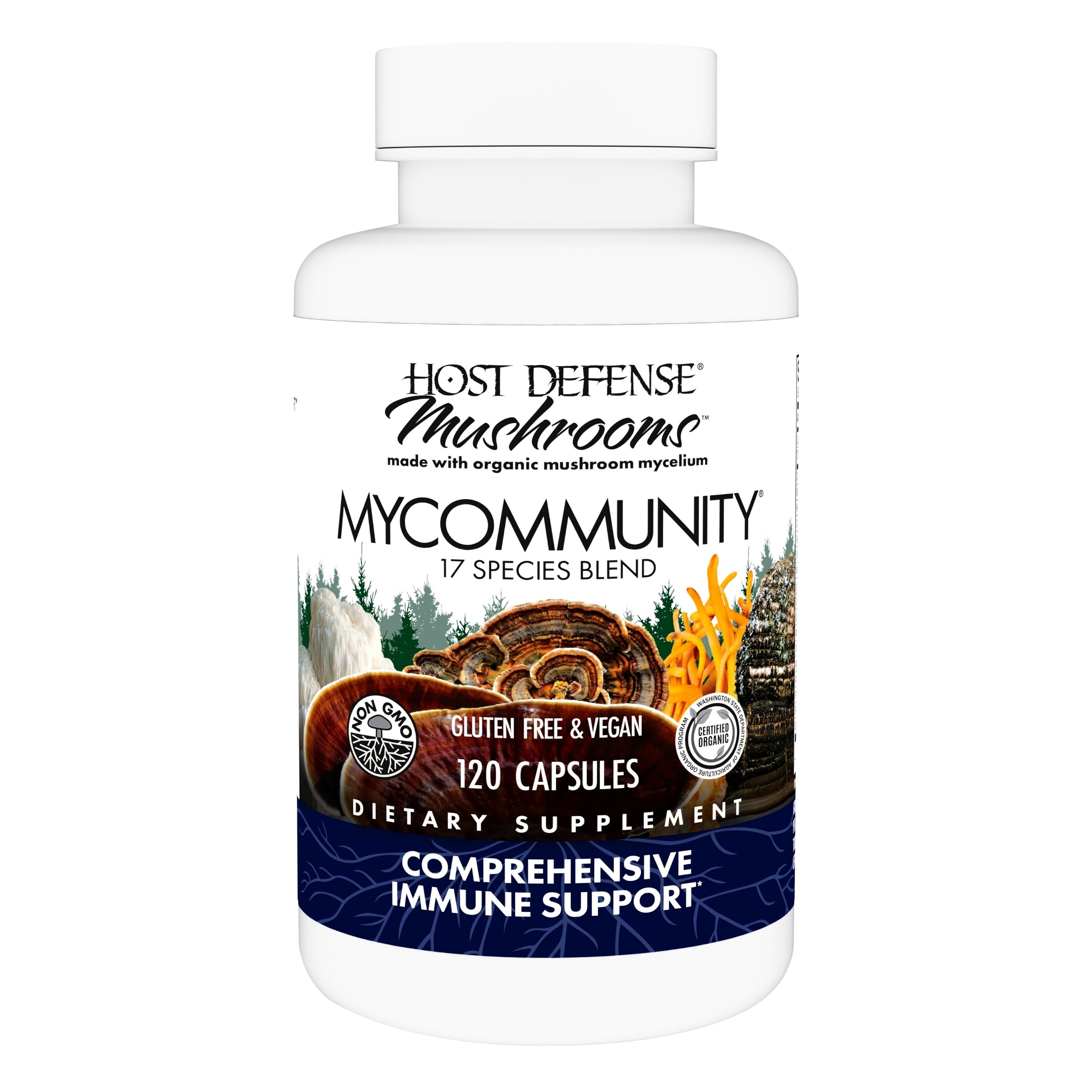 Host Defense frasco MyCommunity frontal mostrando etiqueta y cantidad 120 cápsulas