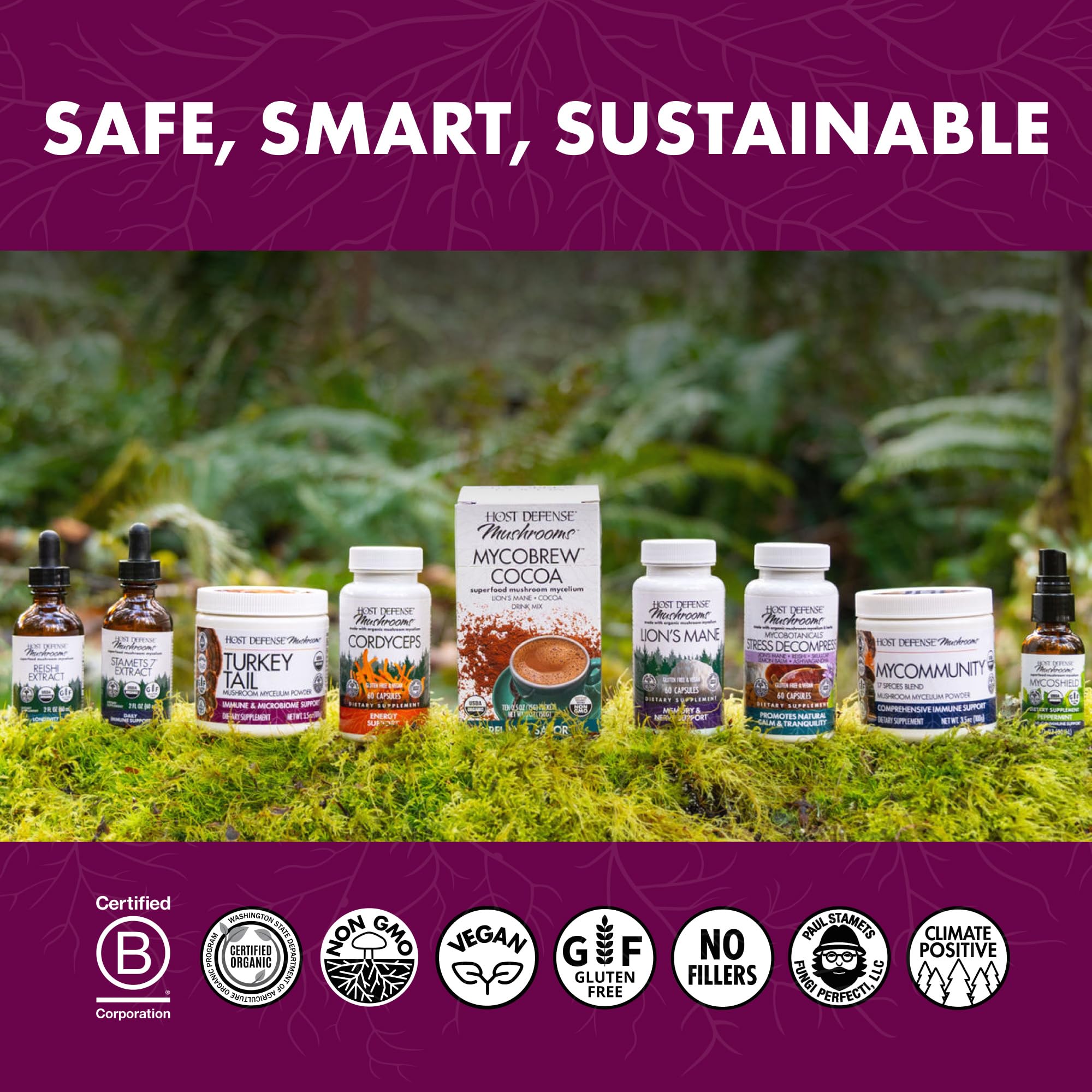 Host Defense frasco en cocina cercano a ingredientes saludables