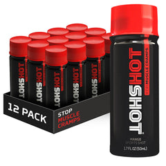 HOTSHOT vista frontal del pack de 12, práctico para evitar calambres