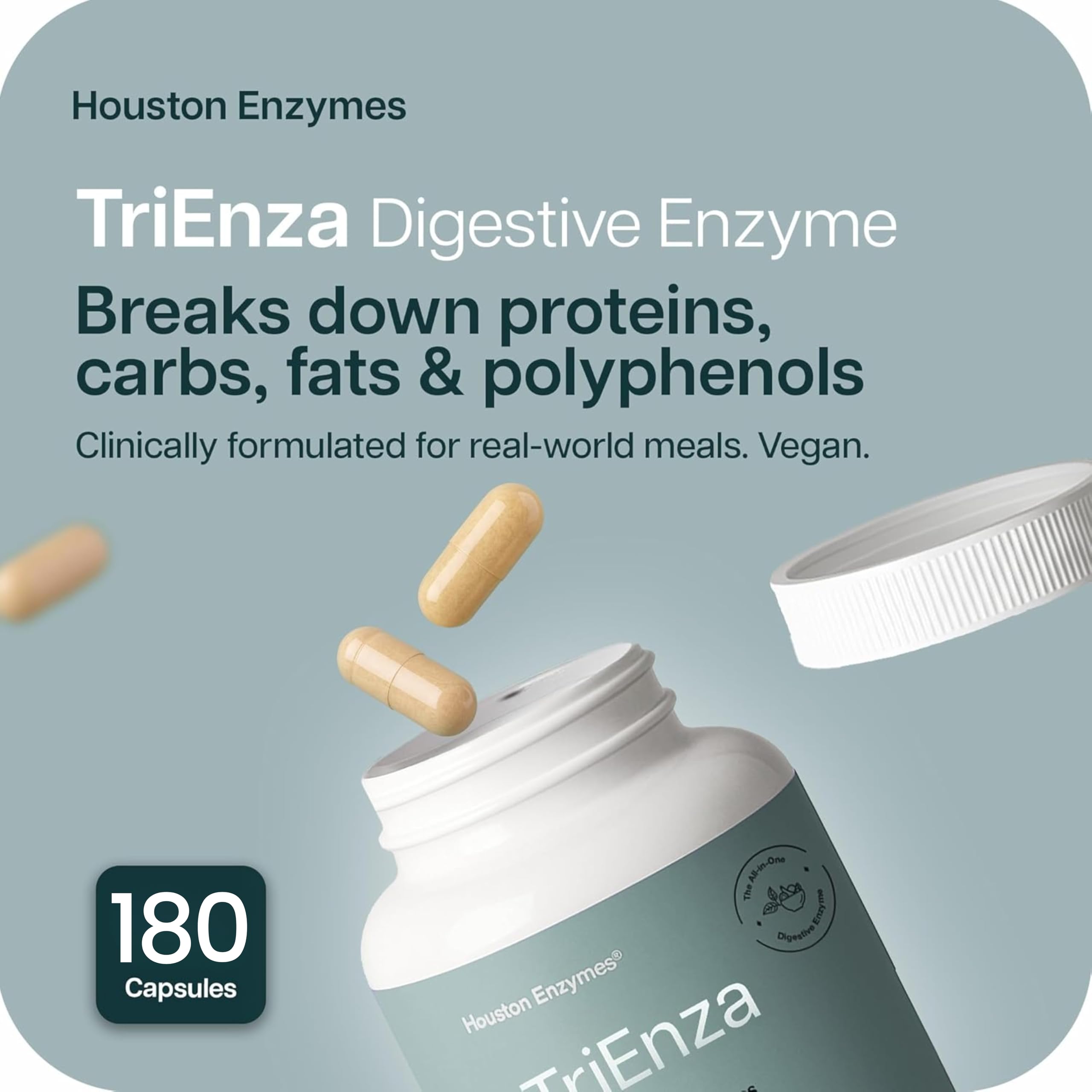 Houston Enzymes cápsulas en primer plano que indican fácil ingestión y eficacia