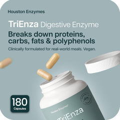 Houston Enzymes cápsulas en primer plano que indican fácil ingestión y eficacia