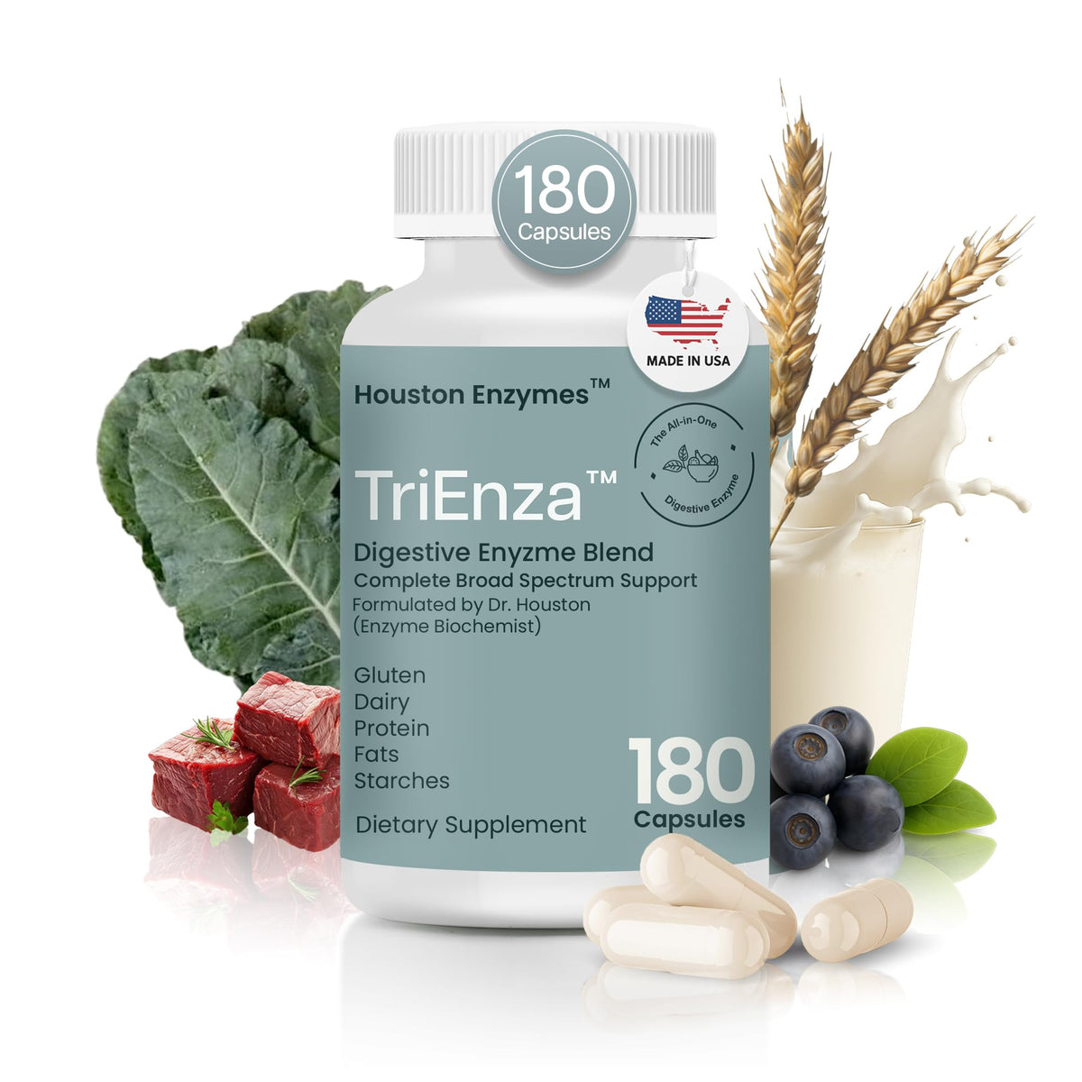 Houston Enzymes envase frontal mostrando 180 cápsulas y beneficios digestivos