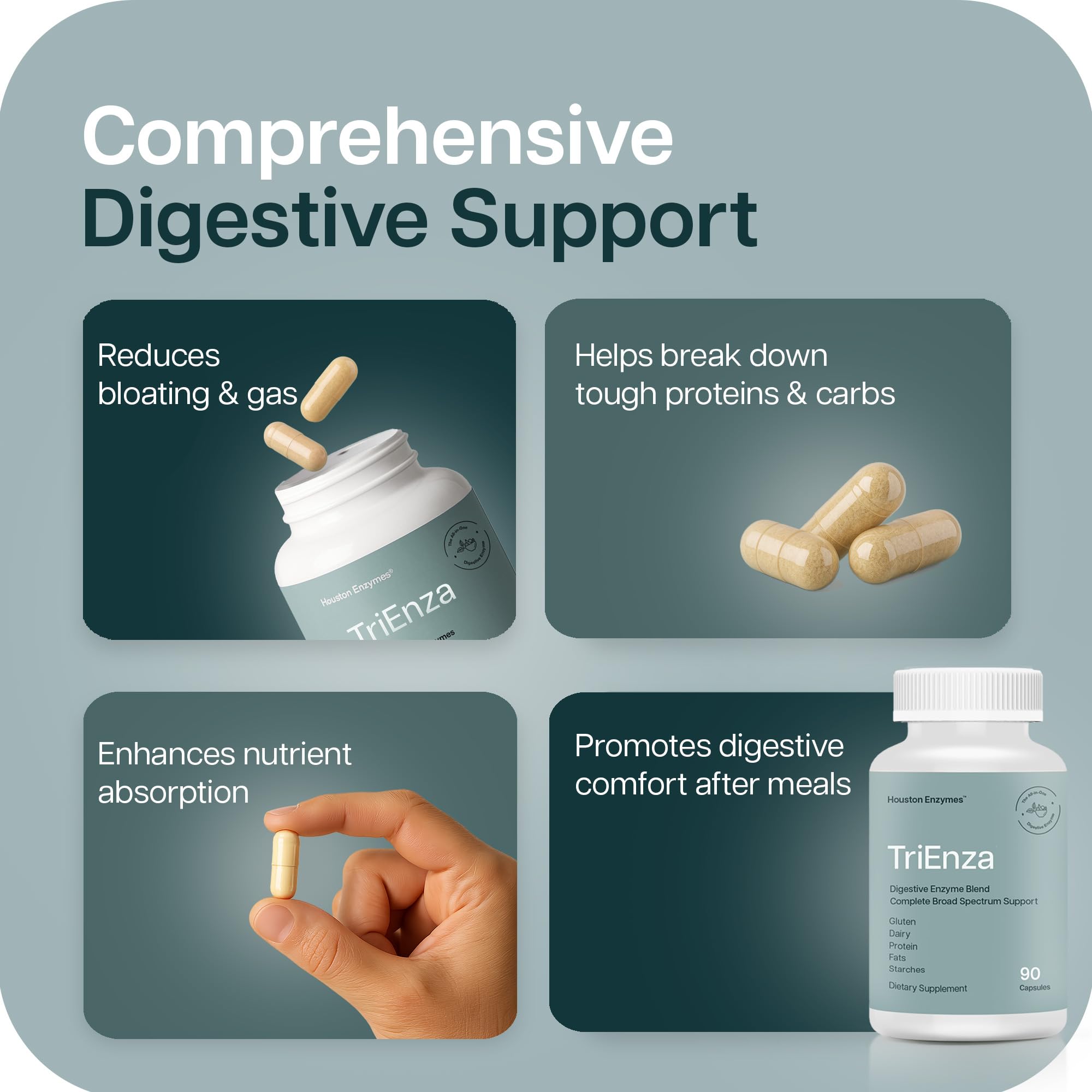 Houston Enzymes cápsula junto a un plato diverso para uso con comidas