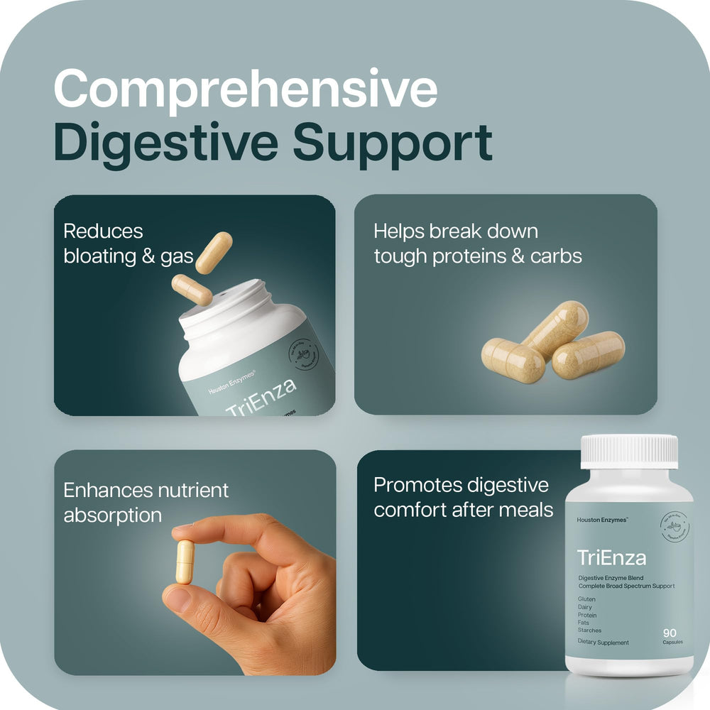 Houston Enzymes cápsula junto a un plato diverso para uso con comidas