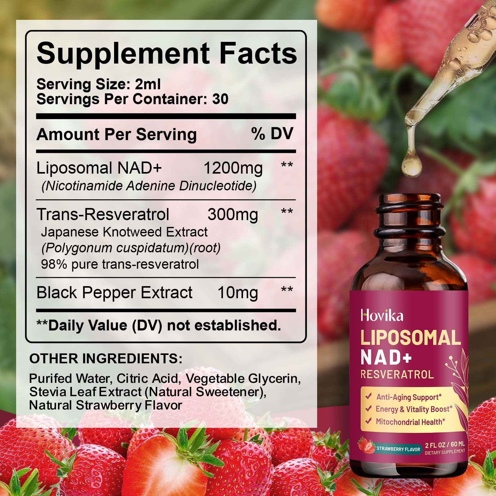 Hovika etiqueta con lista de ingredientes, muestra resveratrol y piperina