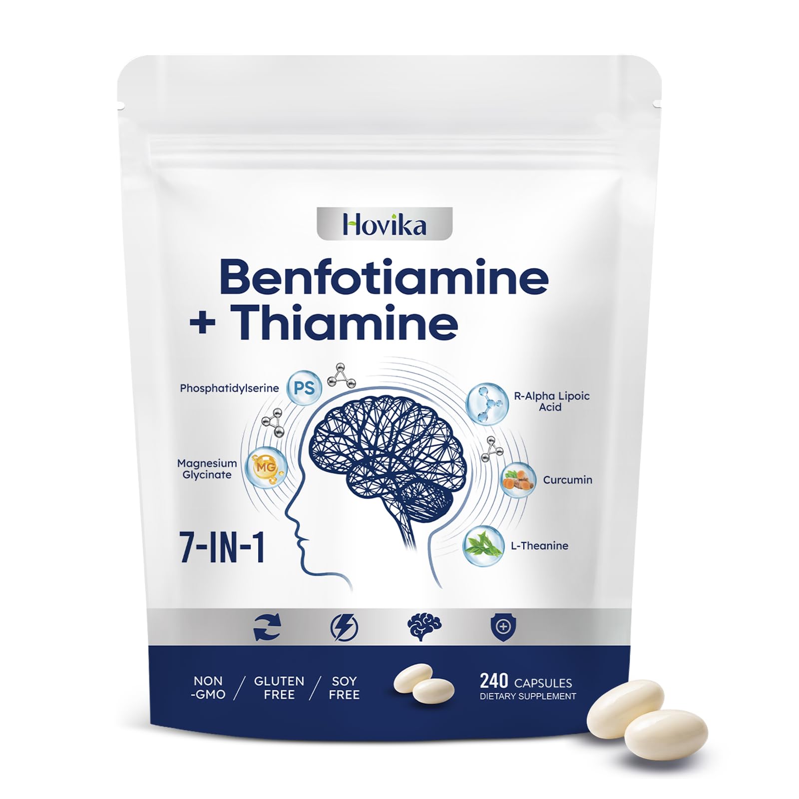 Hovika frente del empaque mostrando 240 cápsulas y sello resellable beneficiando la duración