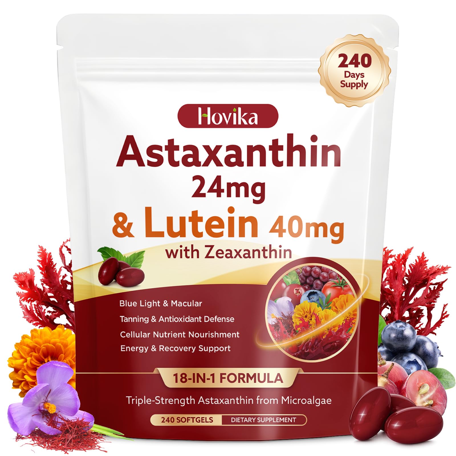 Hovika frontal del envase mostrando 240 softgels y duración de 8 meses