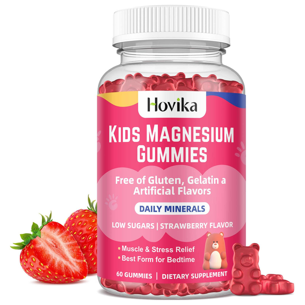 Hovika envase frontal de gomitas de magnesio fresa muestra presentación y dosis