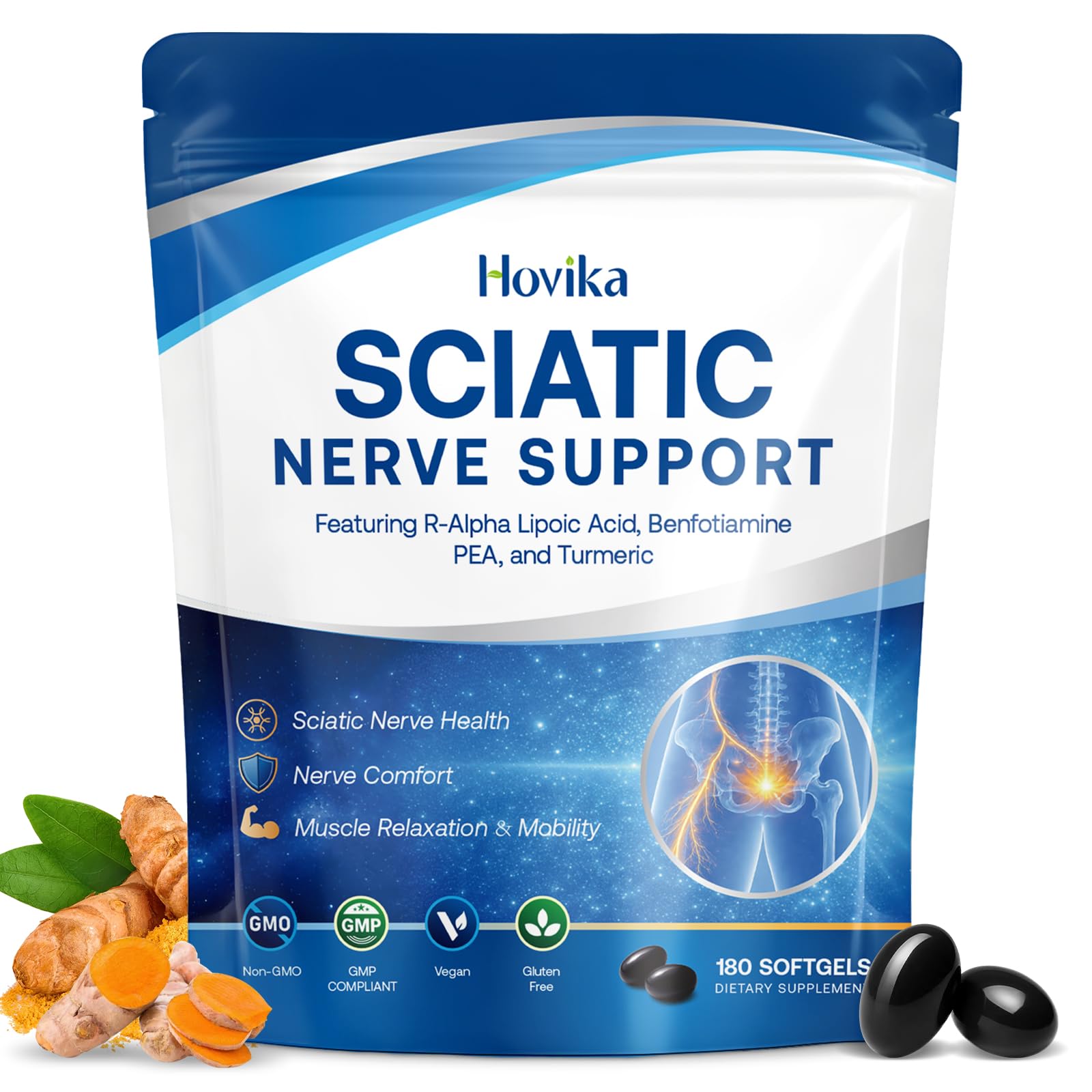 Hovika frente del empaque mostrando 180 softgels y beneficios clave