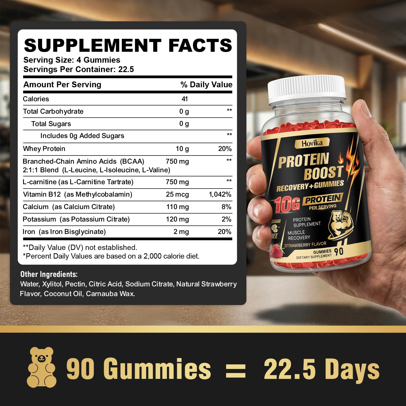 Hovika tabla nutricional detallada mostrando 10 g proteína por porción