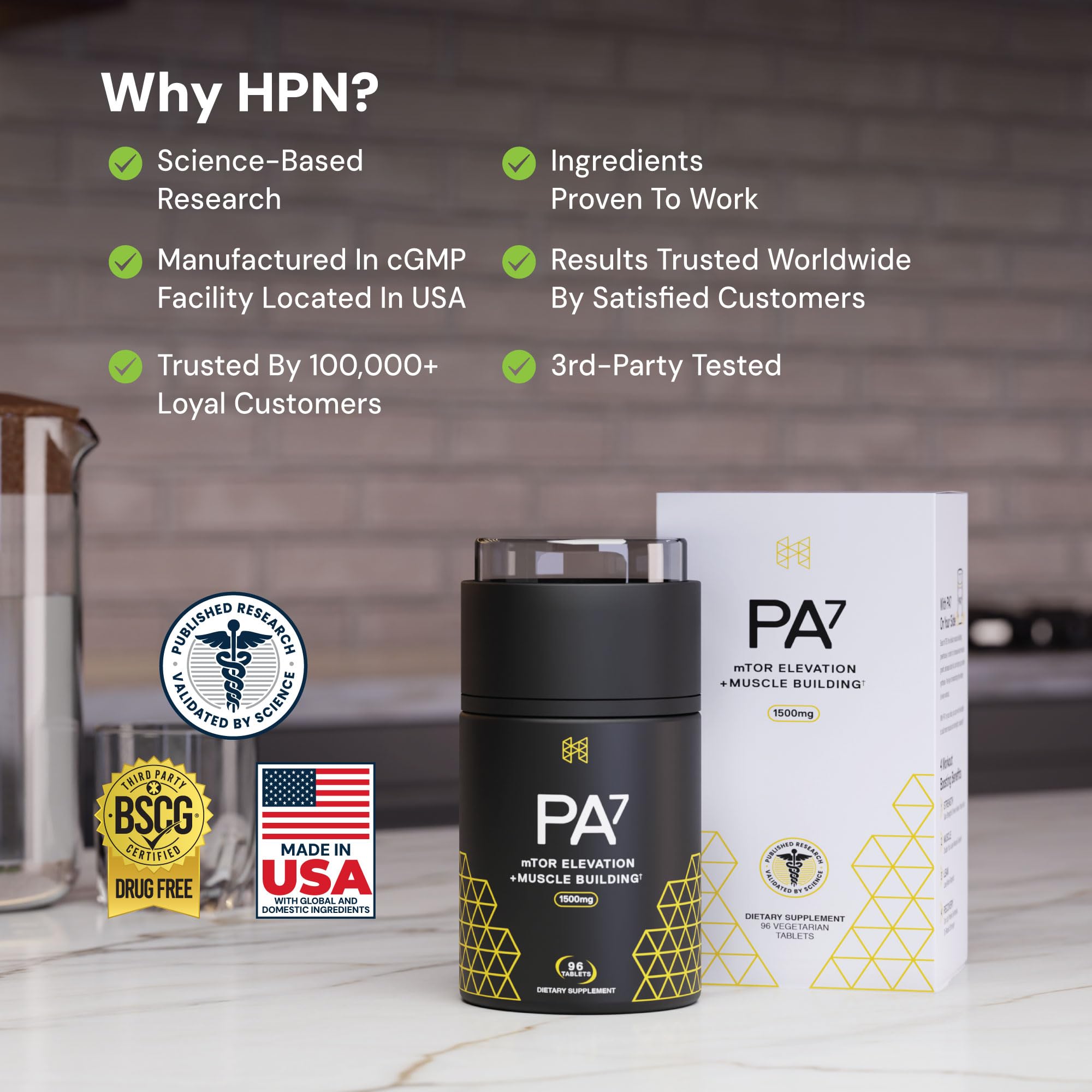 HPN PA(7) atleta en acción con producto, apoya rendimiento y recuperación