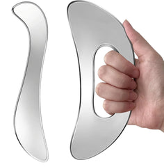HTHLNG vista frontal del gua sha de acero inoxidable con acabado durable
