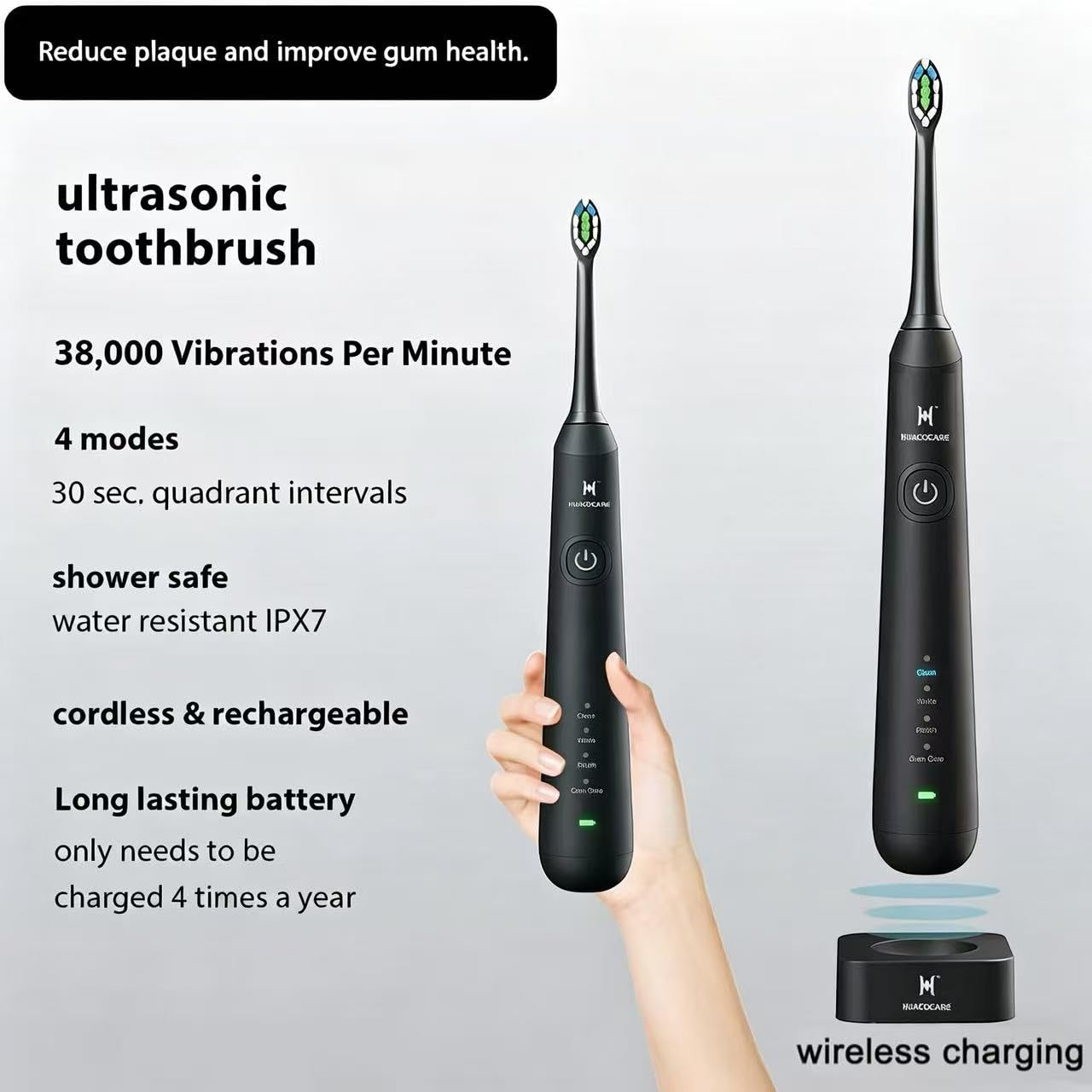 HUACO CARE irrigador en uso en baño, elimina residuos interdentalmente