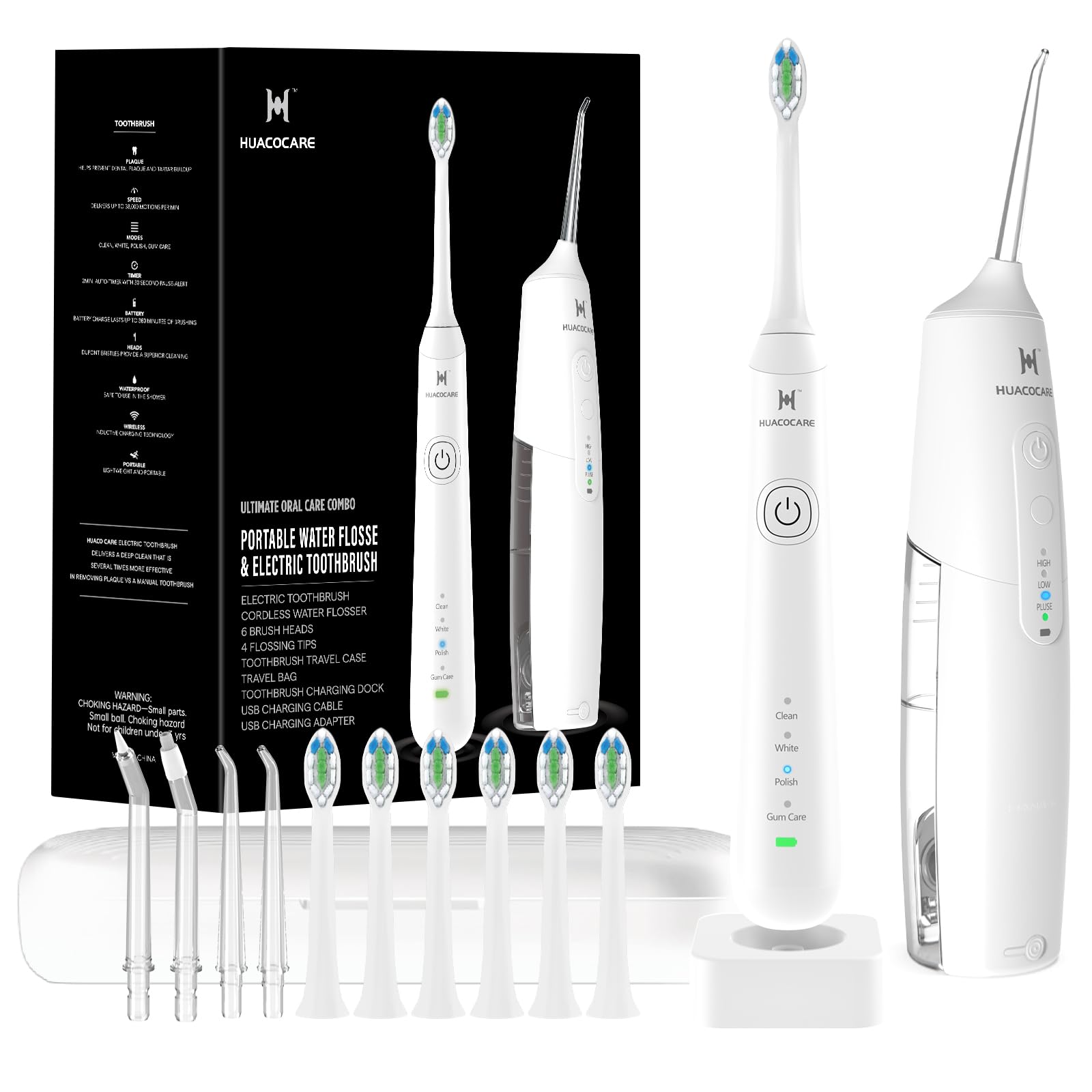 HUACO CARE vista frontal del kit mostrando irrigador y cepillo, práctico y completo