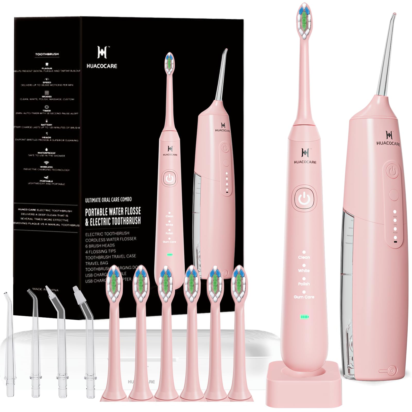 HUACO CARE vista frontal del kit rosa mostrando dispositivo y accesorios, ideal para higiene completa