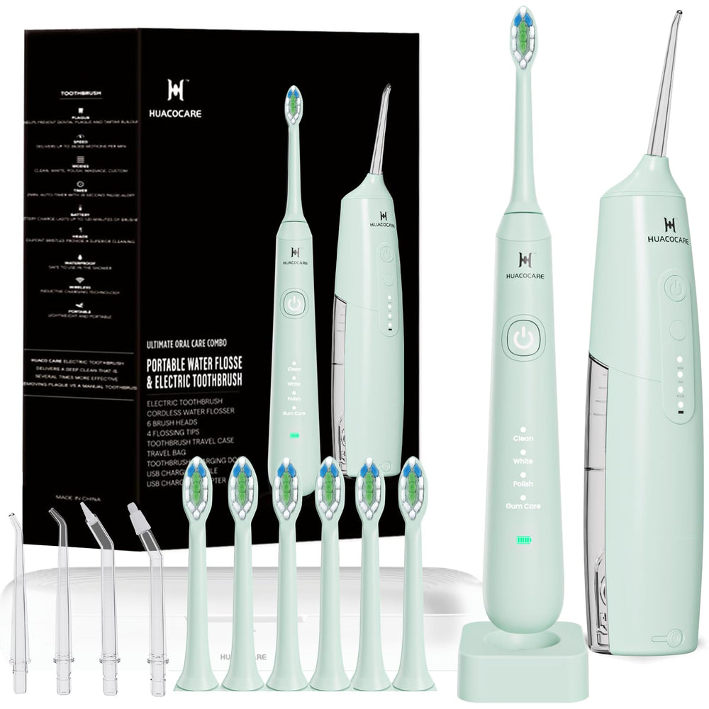 HUACO CARE imagen frontal del kit mostrando flosser y cepillo para limpieza completa