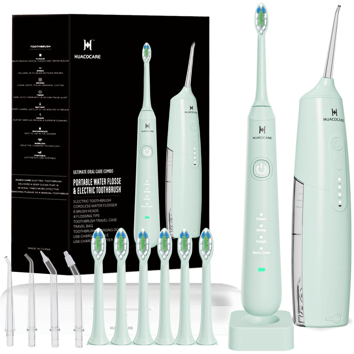 HUACO CARE imagen frontal del kit mostrando flosser y cepillo para limpieza completa