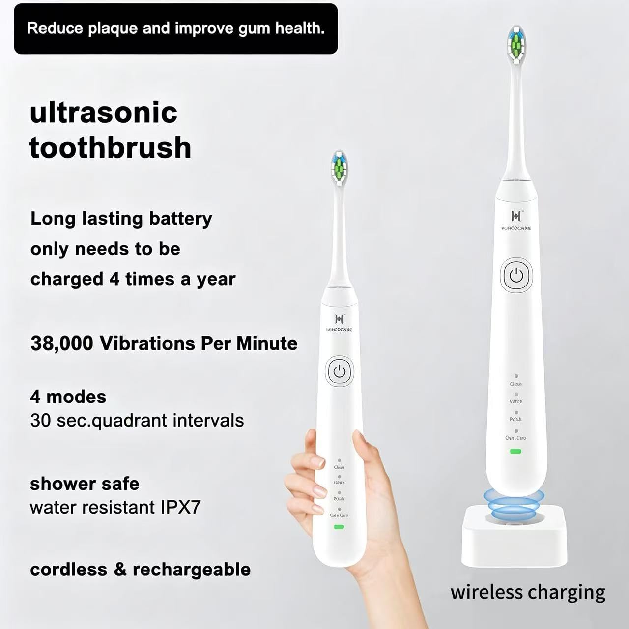 HUACO CARE irrigador en uso con chorro, elimina restos entre dientes eficazmente
