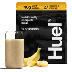 Huel envase Black Edition Banana frente mostrando diseño y conveniencia