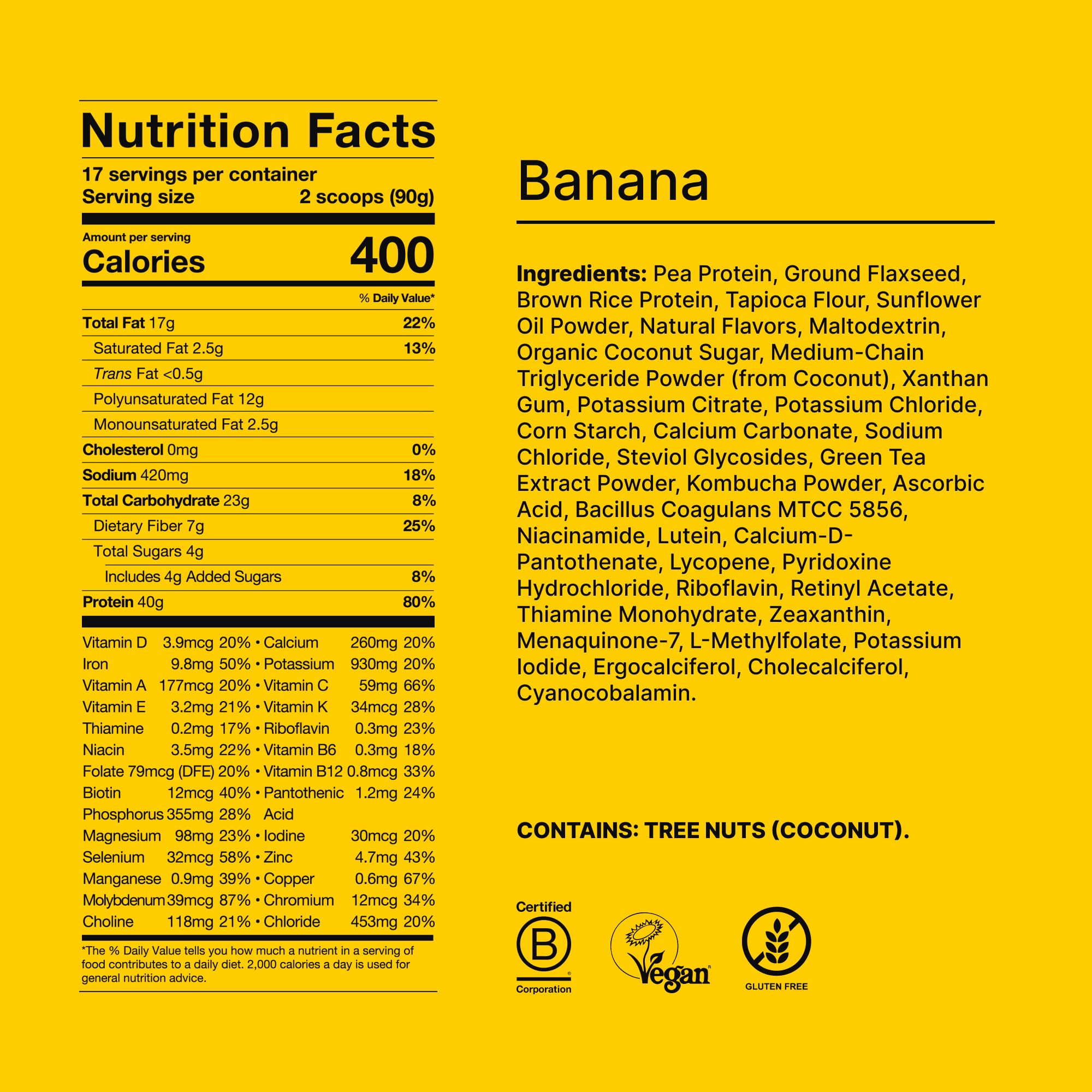 Huel ingredientes vegetales cerca, resaltando proteína sin lácteos